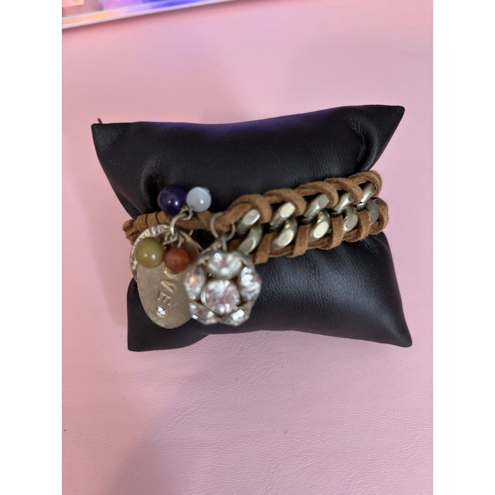 Vintage  Leather Wrapped Love Charm Rhinestine  Bracelet 8" Toggle Close